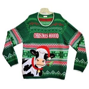 Holiday Time Cow Ugly Christmas Sweater Mens XL Party Bell Accent Farm Core